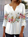 Floral Print Button Front Blouse Women Notched V-Neck Spring Summer Top 95% Polyester Vintage Casual Shirt S-XXL