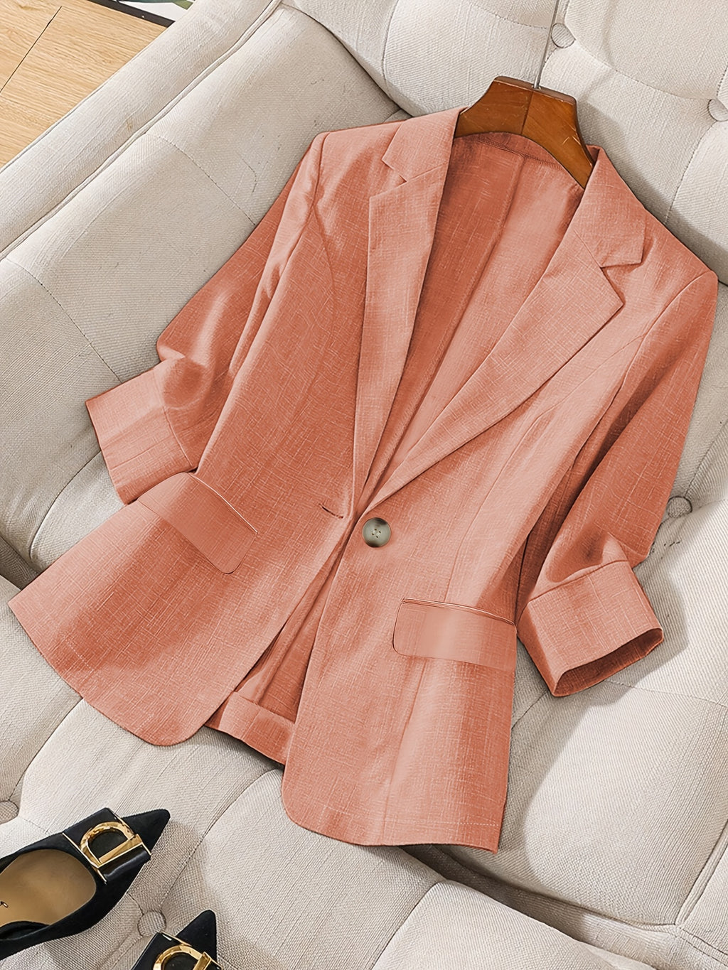 Women's Elegant Blazer Jacket 3/4 Sleeve Loose Fit Office Work Blazer Apricot Black Navy Olive Violet S M L XL XXL