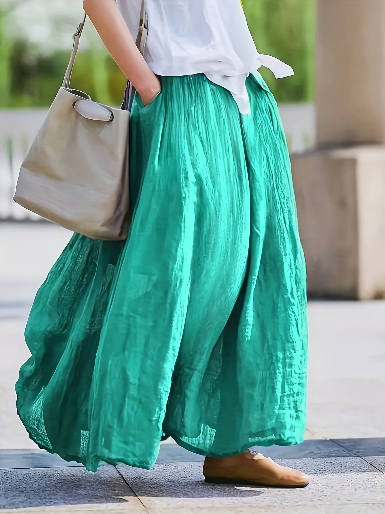 Women's Solid Color Retro Midi Skirt with Pockets Flared Hem Loose Fit Breathable 100% Polyester Spring Summer Fall Purple Burgundy Grey Blue Maroon Brown Green S M L XL XXL