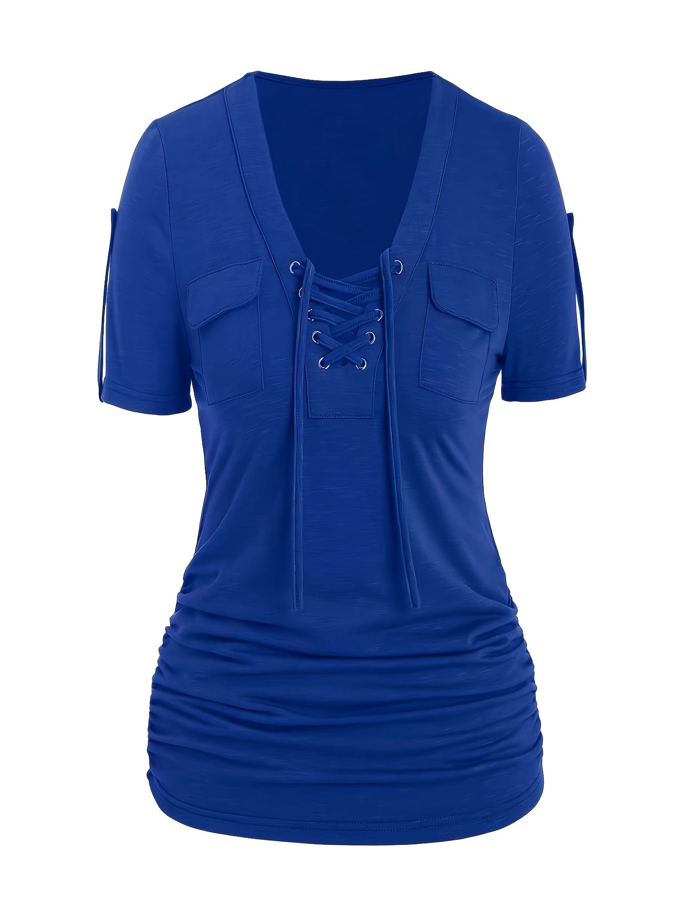 Women's Front Eyelet Strappy T-Shirt V-Neck Casual Stretch Smooth Knit Spring Summer Fall Everyday Top Trendy Cutout S M L XL XXL