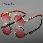 Round Metal Frame Gradient Sunglasses for Men & Women – Luxury Double Bridge, Leopard Detail Hinges, Gradient PC Lenses, Includes Case, Chic Vacation & Street Style Eyewear