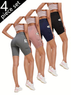Women's High-Waisted Yoga Shorts 4-Pack Butt-Lifting 5-Pocket – Mid-Stretch Breathable Seamless Workout Shorts for Summer Yoga, Pilates & Gym Training (Red, Black, Gray, Navy Blue)