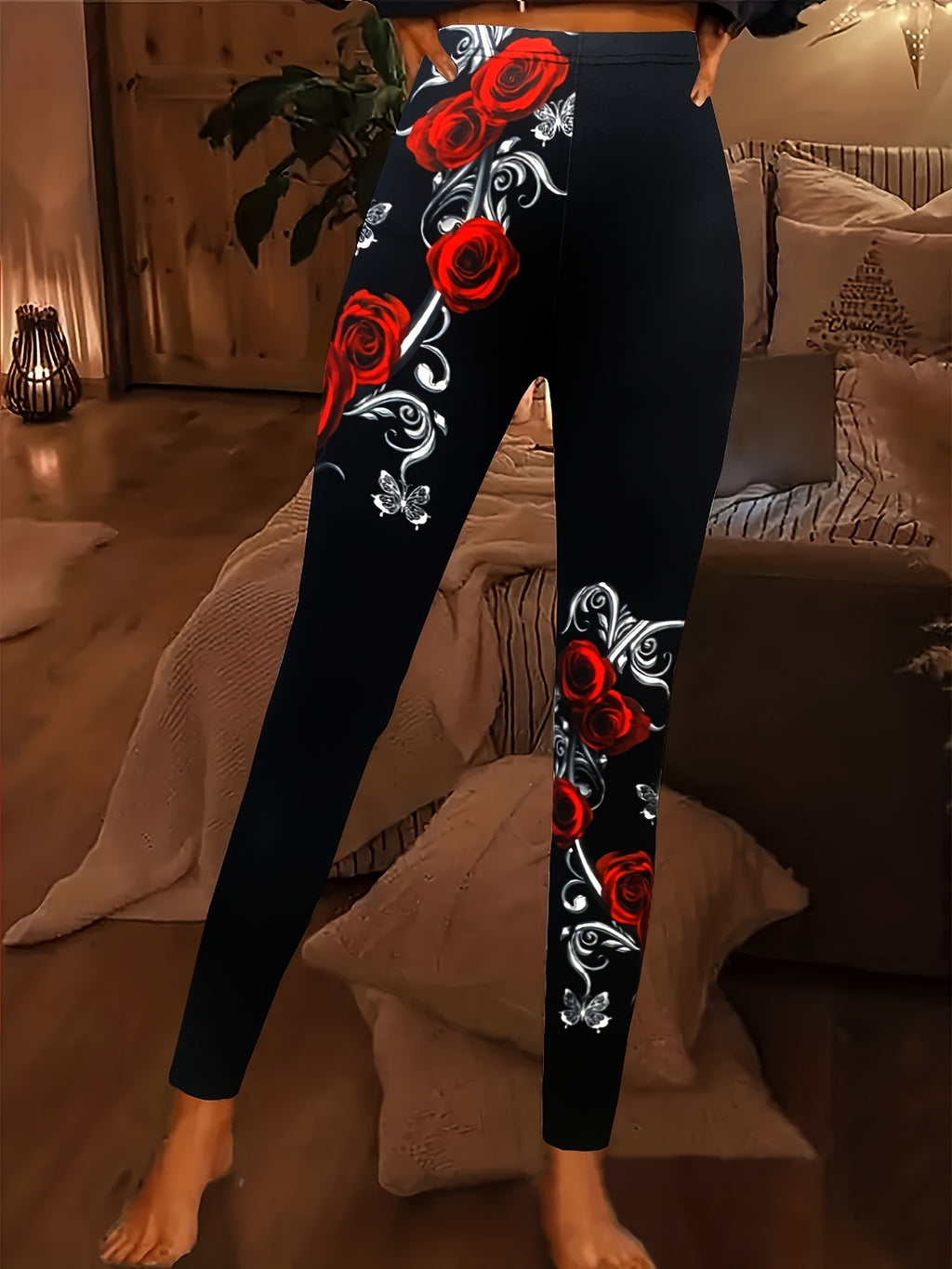 Women's Rose Print Bodycon Leggings Black Romantic Floral Sexy Curve-Hugging Stretch Pants All Season Machine Washable S M L XL XXL