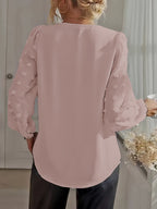 Women's Swiss Dot Patchwork Lantern Sleeve V-Neck Shirt - Elegant Flowy Blouse for Casual Office Date Night | White Black Green Gray S-XXL