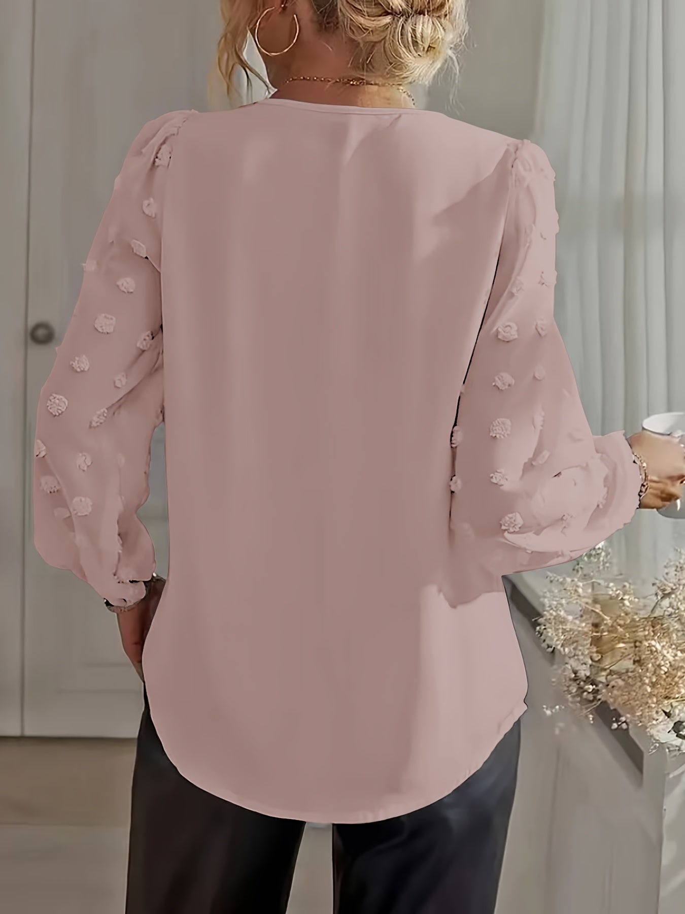 Women's Swiss Dot Patchwork Lantern Sleeve V-Neck Shirt - Elegant Flowy Blouse for Casual Office Date Night | White Black Green Gray S-XXL