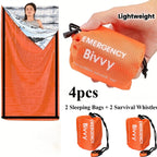 Emergency Mylar Sleeping Bag 4-Piece Kit – 2 Thermal Survival Sleeping Bags + 2 Whistles, Lightweight Portable Shelter for Camping, Hiking, Backpacking, Outdoor Survival & Emergencies