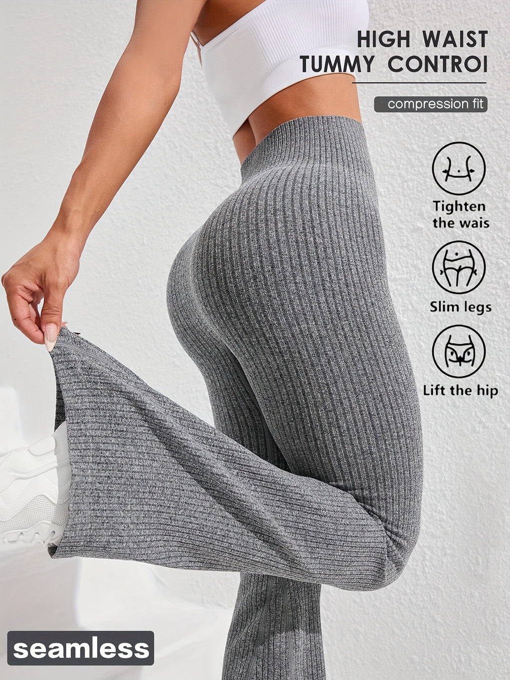 Women's High Waist Tummy Control Slim Flare Pants Textured Wide Ribbed Knit Stretch Yoga Fitness Running Casual Trousers XS-L 4 Colors