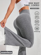 Women's High Waist Tummy Control Slim Flare Pants Textured Wide Ribbed Knit Stretch Yoga Fitness Running Casual Trousers XS-L 4 Colors