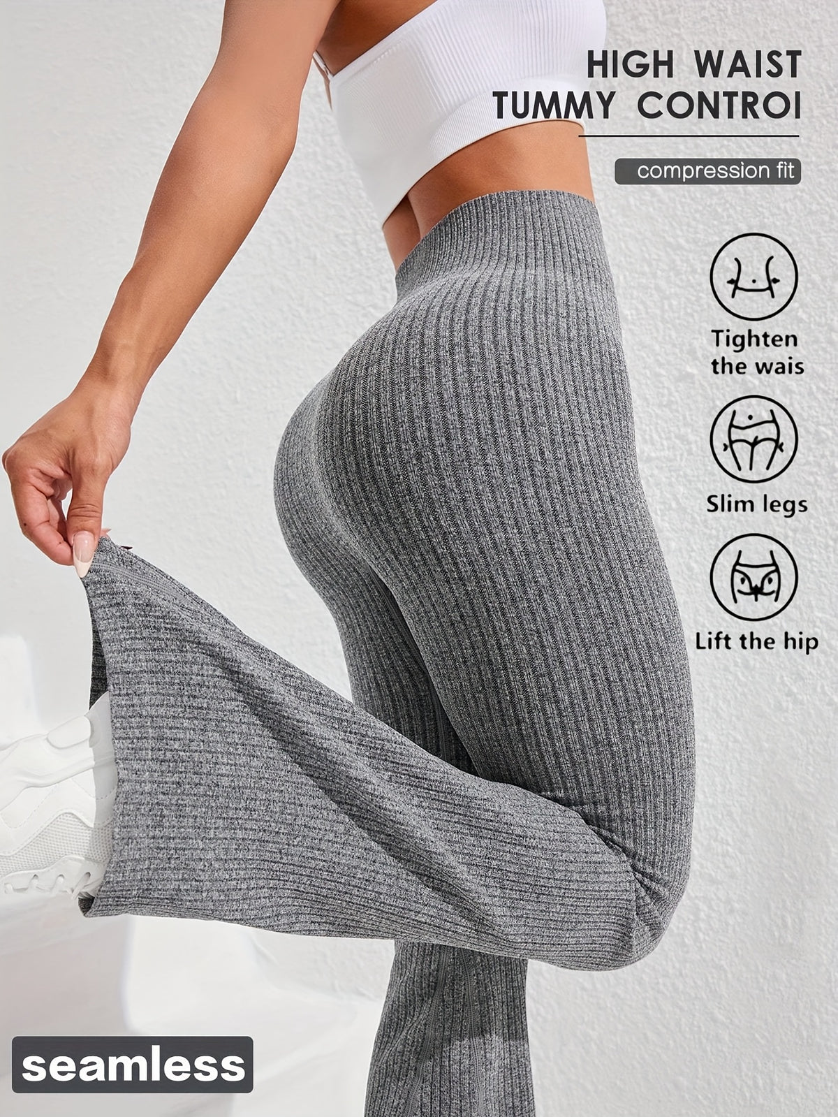 Women's High Waist Tummy Control Slim Flare Pants Textured Wide Ribbed Knit Stretch Yoga Fitness Running Casual Trousers XS-L 4 Colors