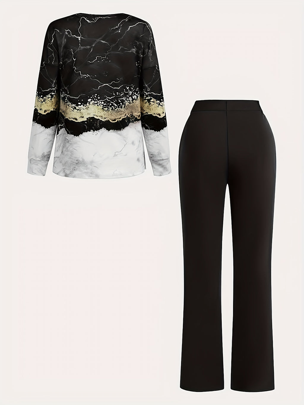 Women's All-Over Print Two-Piece Set | V-Neck Long Sleeve Top & Wide Leg Pants Matching Outfit Stretchy Knit Casual Loungewear Co-ord