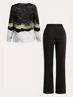Women's All-Over Print Two-Piece Set | V-Neck Long Sleeve Top & Wide Leg Pants Matching Outfit Stretchy Knit Casual Loungewear Co-ord