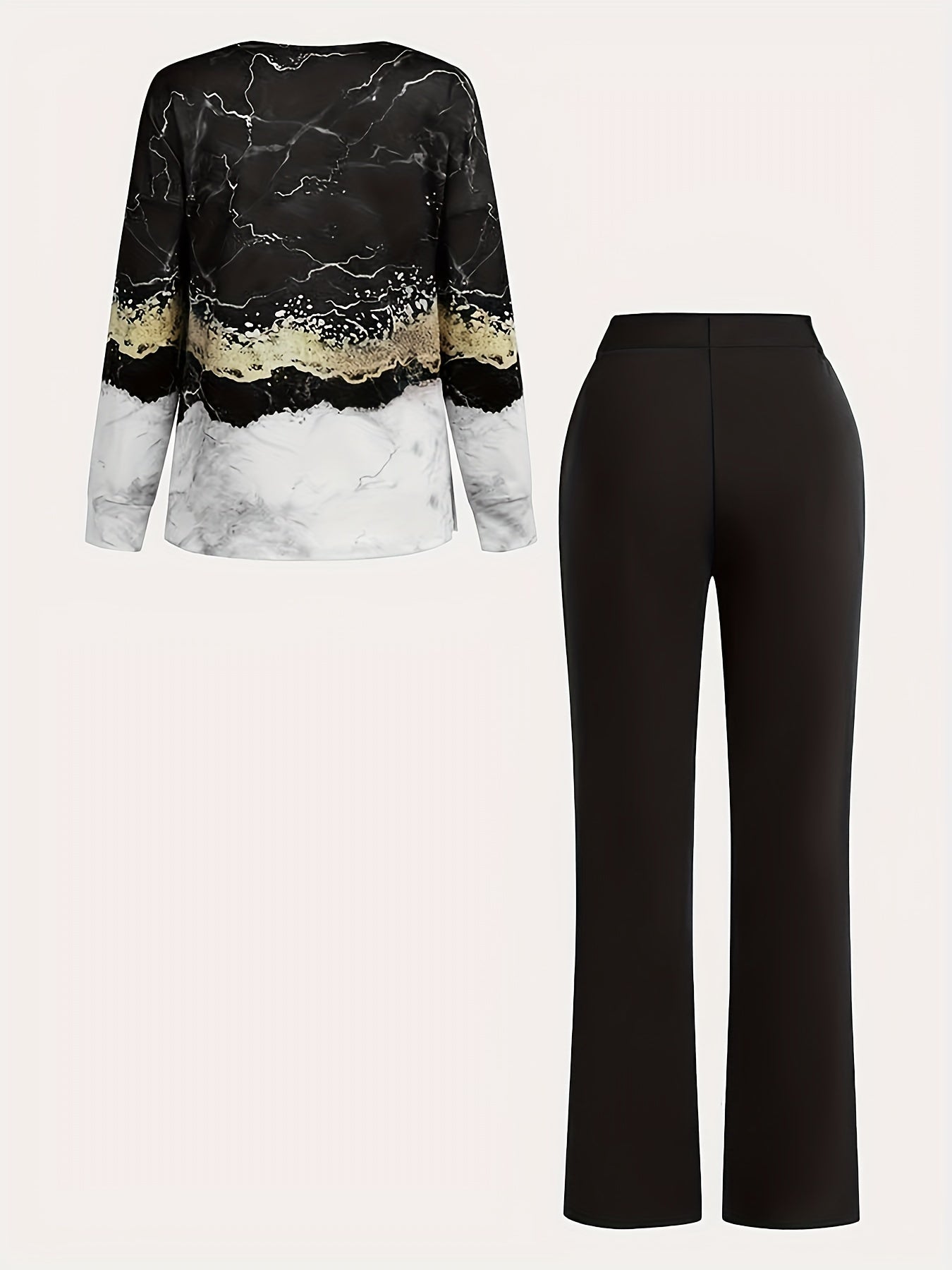Women's All-Over Print Two-Piece Set | V-Neck Long Sleeve Top & Wide Leg Pants Matching Outfit Stretchy Knit Casual Loungewear Co-ord