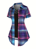 Women's Two-Piece Set Plaid Button Front Shirt & Solid Cami Top – Casual Summer Matching Outfit Set for Women S M L XL XXL Purple Milky Green