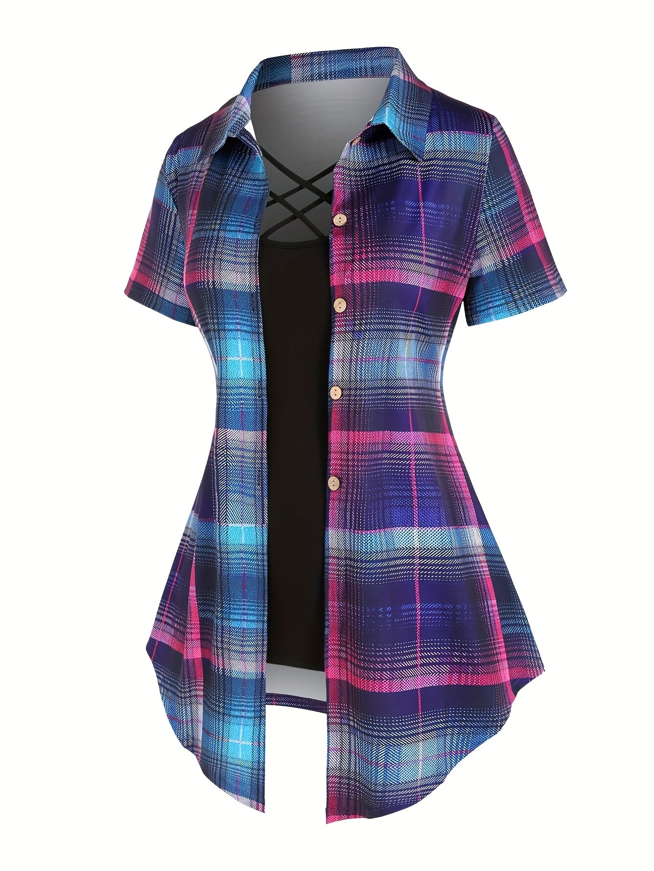 Women's Two-Piece Set Plaid Button Front Shirt & Solid Cami Top – Casual Summer Matching Outfit Set for Women S M L XL XXL Purple Milky Green