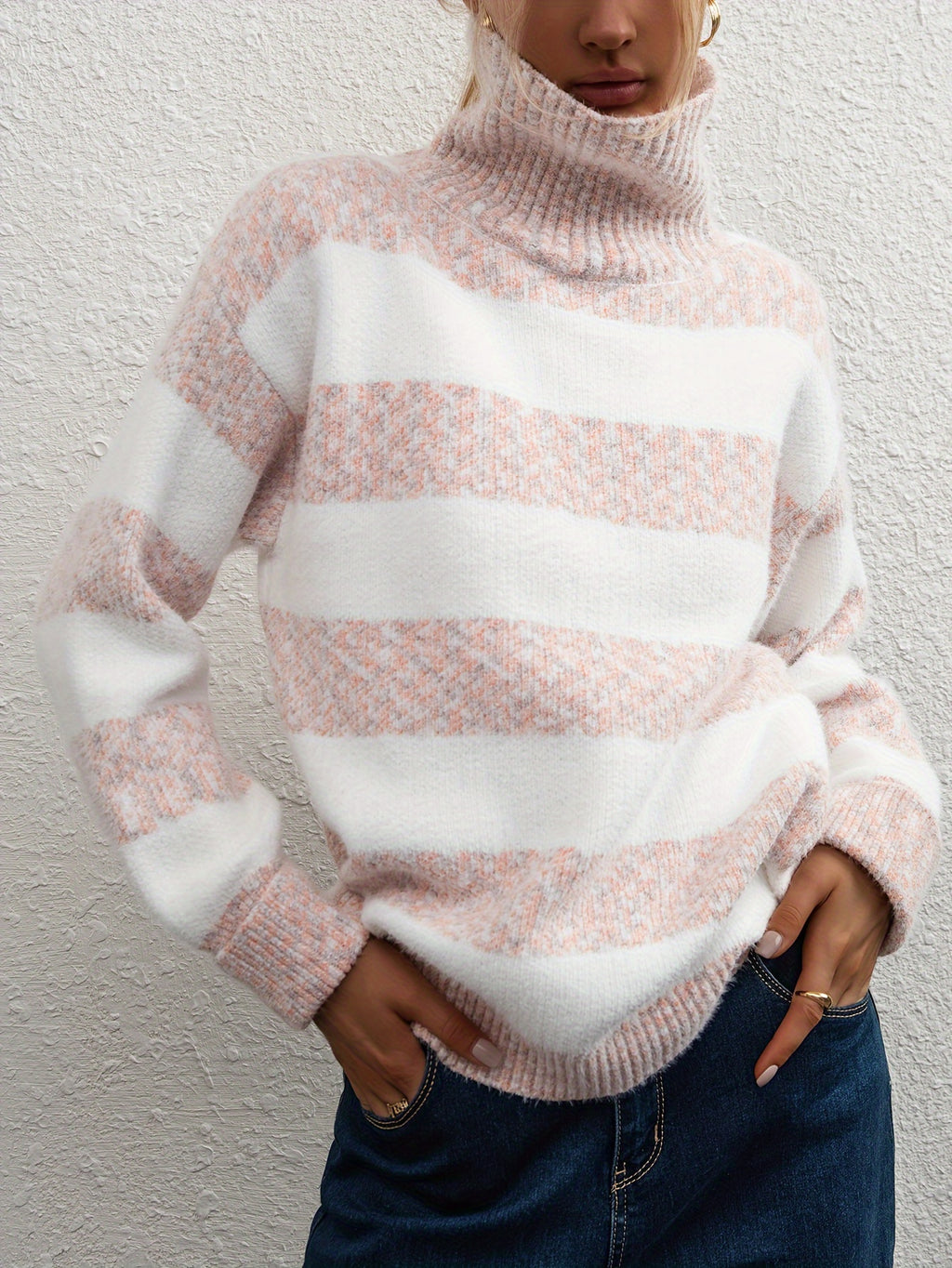 Women's Faux Mink High-Neck Sweater - Thick Loose Fit Striped Pullover | Warm Fall Winter Outerwear Base Layer Knit Top