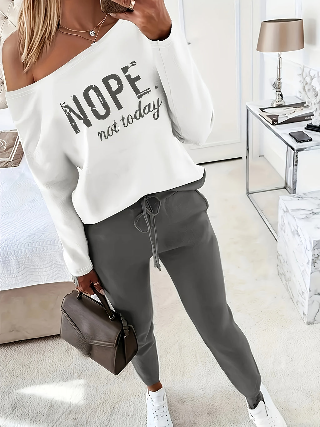 Women's Casual Letter Print Long Sleeve T-Shirt Wide Leg Pants 2 Piece Set Matching Lounge Outfit White Pink Black S-XXL