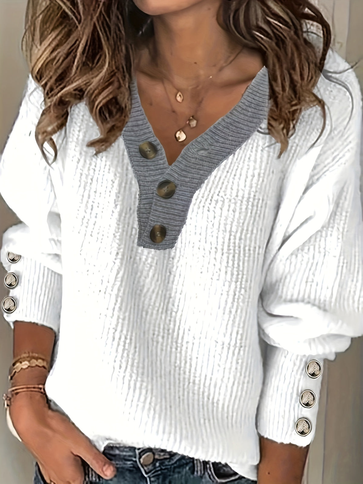 Women's V-Neck Button-Decorated Pullover Sweater – Casual Solid Color Knit Top for Fall Winter, Lightweight Polyester Stretch Pullover, Sizes S-XXL, White & Sea Blue
