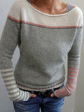Women's Asymmetric Color Block Stripe Knit Sweater Long Sleeve - Off Shoulder Wide Neck Patchwork Pullover, Casual Chic Spring Fall Top in Grey Blue Green Purple S-XL