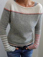 Women's Asymmetric Color Block Stripe Knit Sweater Long Sleeve - Off Shoulder Wide Neck Patchwork Pullover, Casual Chic Spring Fall Top in Grey Blue Green Purple S-XL