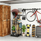 Garden Tool Organizer for Garage Heavy Duty Metal Rack with Hooks – Freestanding Yard Tool Stand Holder for Long-Handled Brooms, Shovels, Rakes & Outdoor Tools, Black Storage Rack