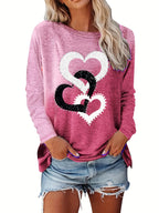Heart Print Long Sleeve T-Shirt Women Casual Round Neck Pullover Top Loose Fit Fall Winter Shirt S M L XL XXL Mixed Colors US Ship