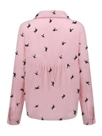 Women's Bird Print Button-Front Long Sleeve Shirt | Lapel Collar Casual Woven Polyester Top for Spring Fall Everyday Wear
