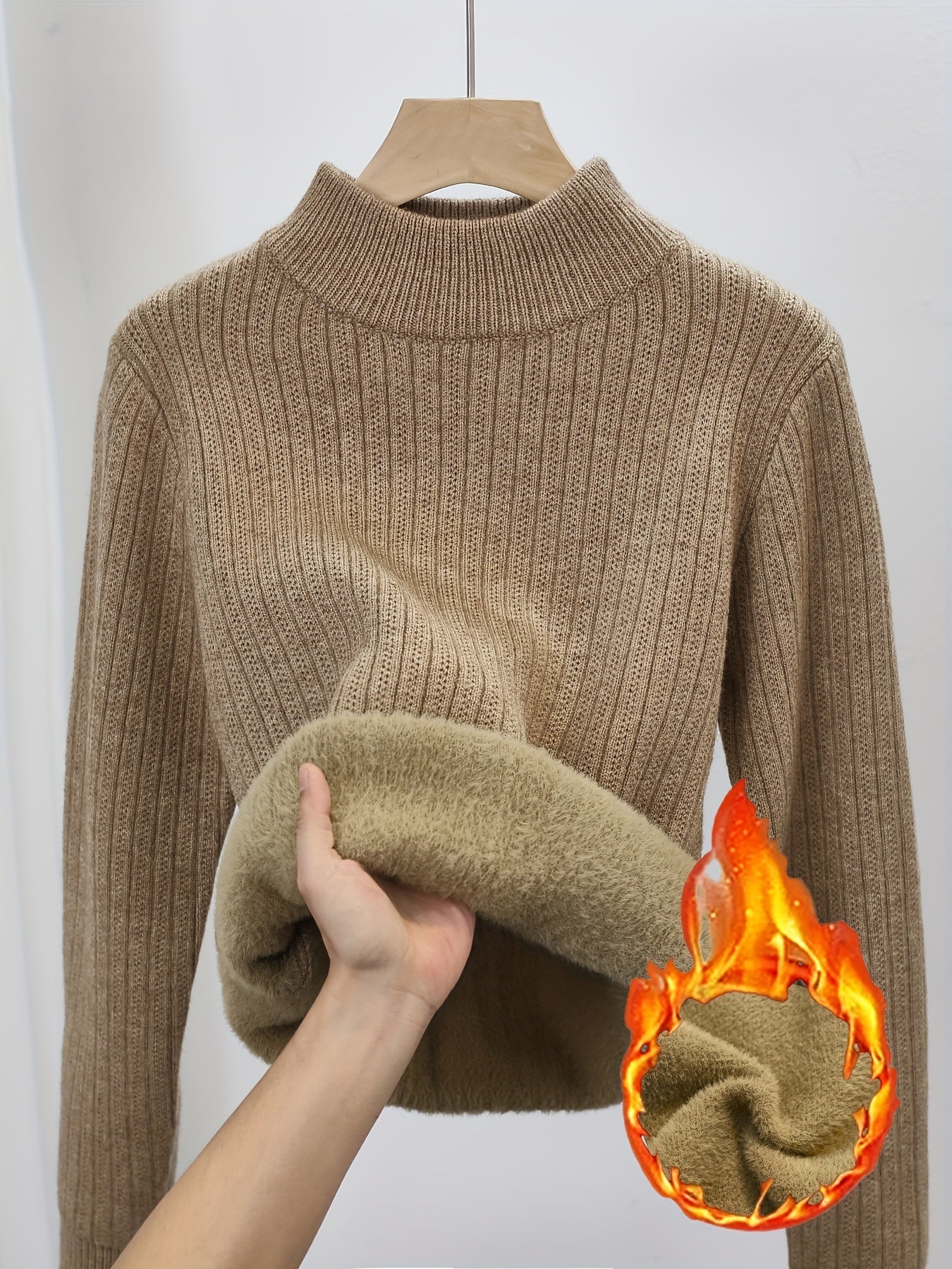 Women's Fleece Lined Turtleneck Sweater Thick Warm Pullover - Semi-High Neck Seamless Knit Sweater Fall Winter Inner Layer Top, 11 Colors S-XL