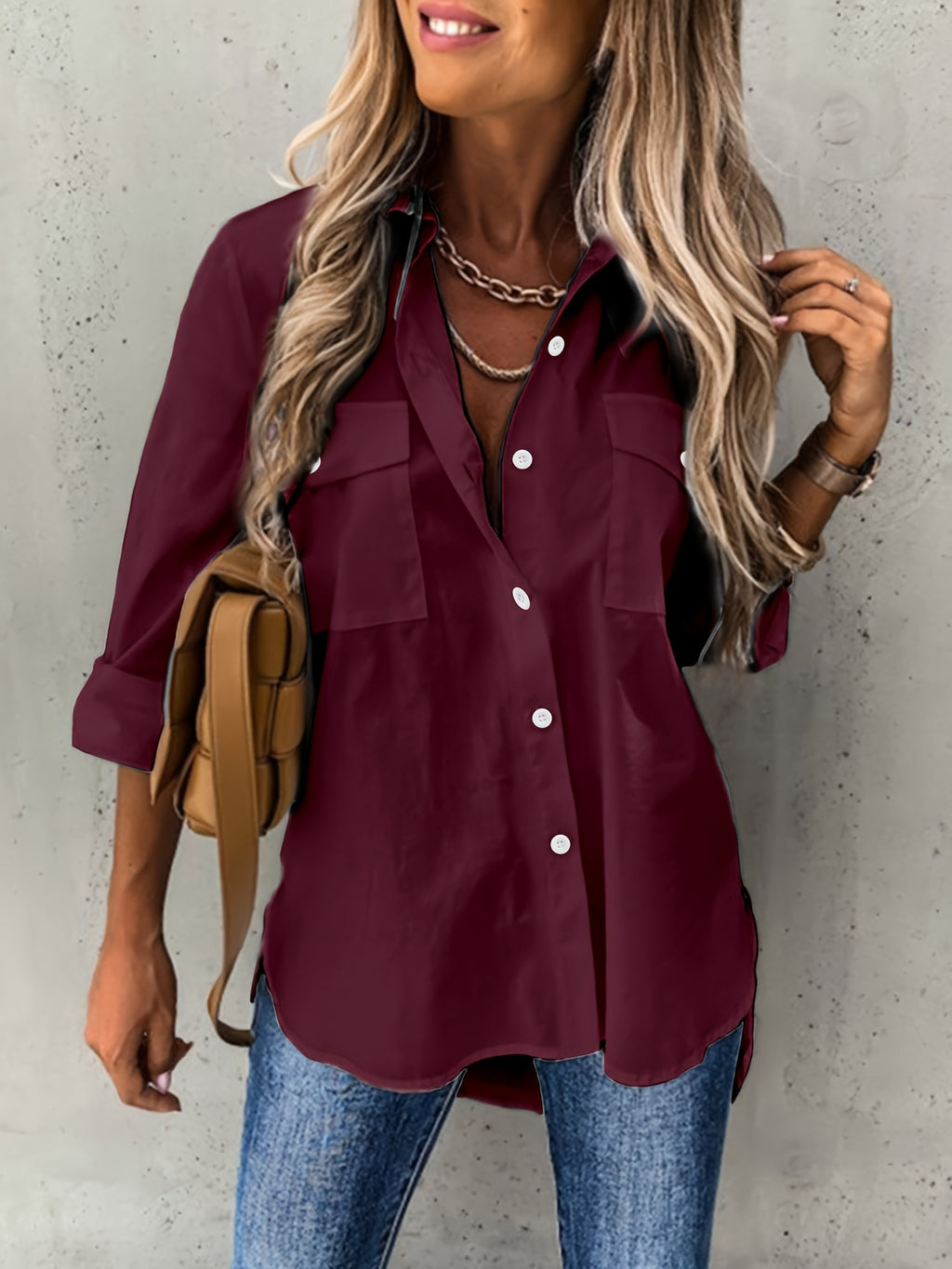 Women's Solid Color Button-Front Long Sleeve Shirt – Collared Woven Stretch Blouse for Office Business Casual Everyday Wear