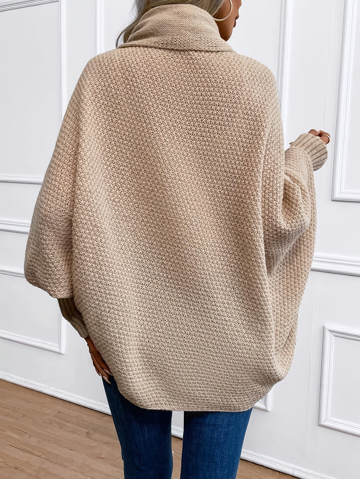 Batwing Sleeve Open Front Shawl Collar Cardigan Women Loose Knit Sweater Coat – Khaki Solid Color Lightweight Layering Outerwear
