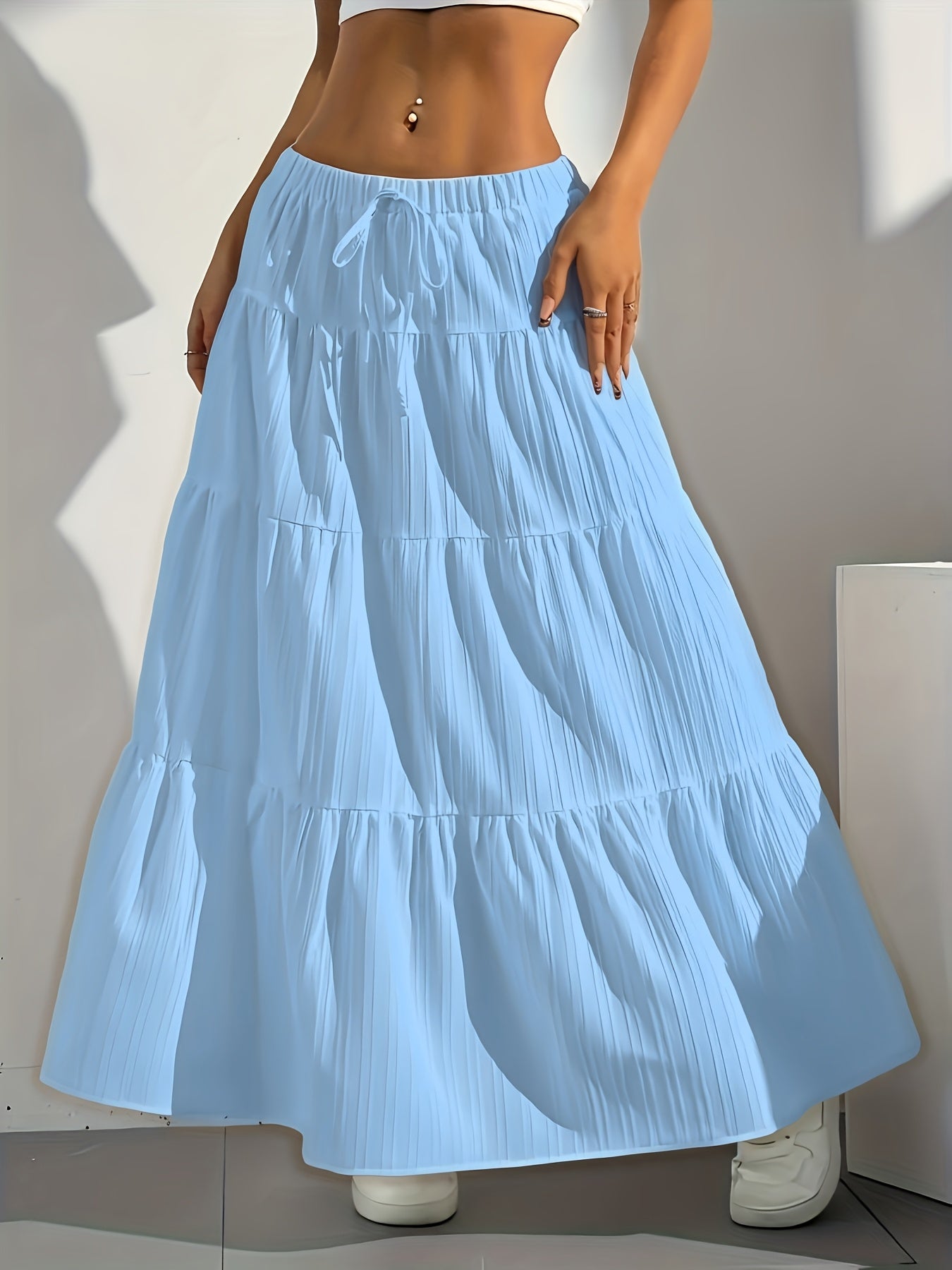 Women's Solid Color Tie-Back Flared A-Line Midi Skirt – Elegant Loose Swing Skirt Western Fashion Spring Summer Fall Casual Chic Half Skirt