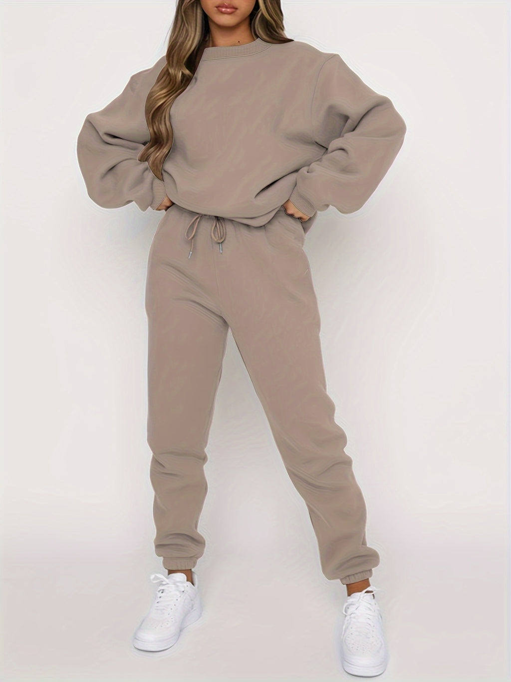 Women's 2 Piece Sweatshirt Pants Set Crew Neck Pullover Elastic Waist Drawstring Jogger Casual Lounge Suit Beige Grey Black Navy Coffee S-XXL