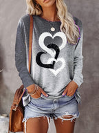Heart Print Long Sleeve T-Shirt Women Casual Round Neck Pullover Top Loose Fit Fall Winter Shirt S M L XL XXL Mixed Colors US Ship