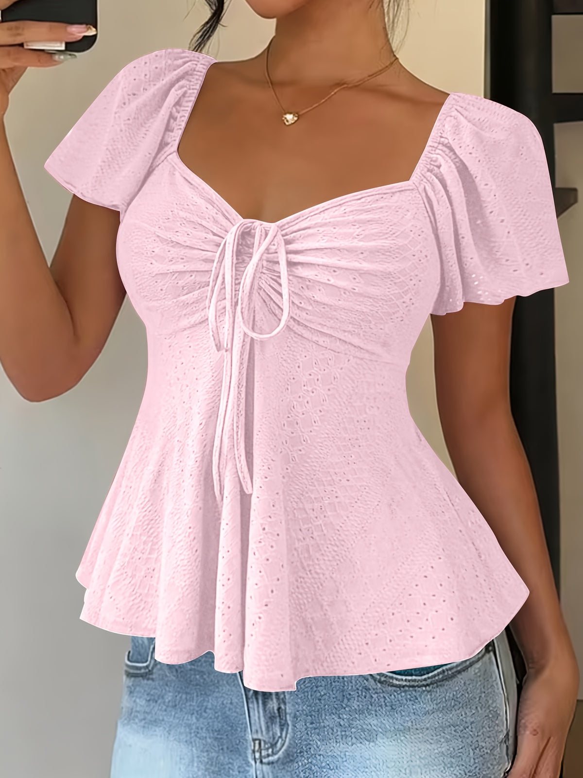 Women's Y2K Jacquard V-Neck Drawstring T-Shirt – Solid Color Short Sleeve Breathable Elegant Top for Spring & Summer