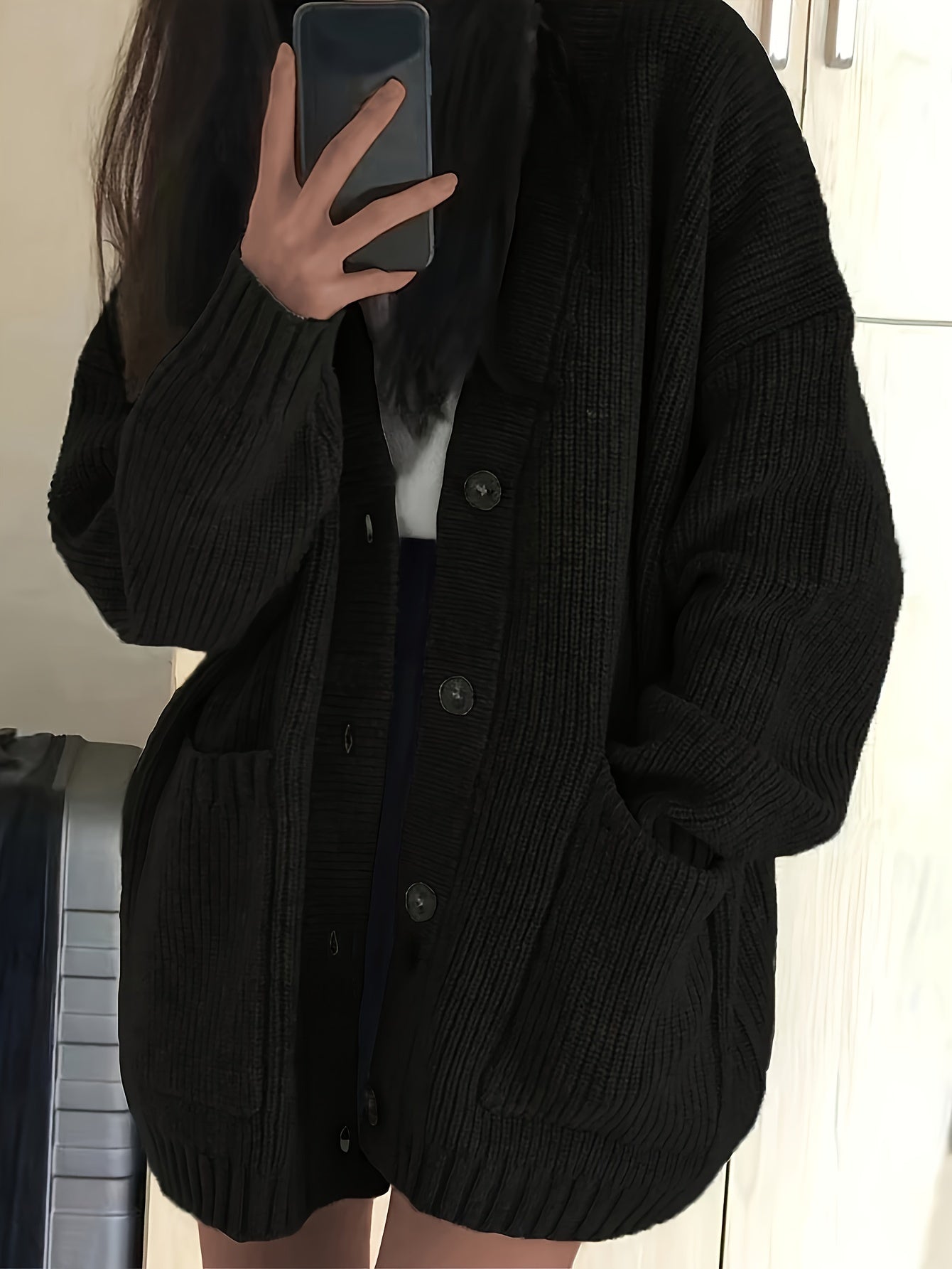Oversized Ribbed Knit V-Neck Button Down Cardigan Sweater Women Fall Winter Casual Cozy Layering Outerwear