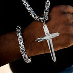 Stainless Steel Cross Necklace and Bracelet Set Unisex Boho Vintage Thickened Silver Jewelry Set for Men and Women Daily Wear Party Gift