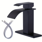 Waterfall Bathroom Sink Faucet Single Handle Hot & Cold - Universal 1 or 3 Hole Countertop Mount, RV Vanity Faucet with Water Supply Hose, Modern Design in Black, Black Gold & Silver