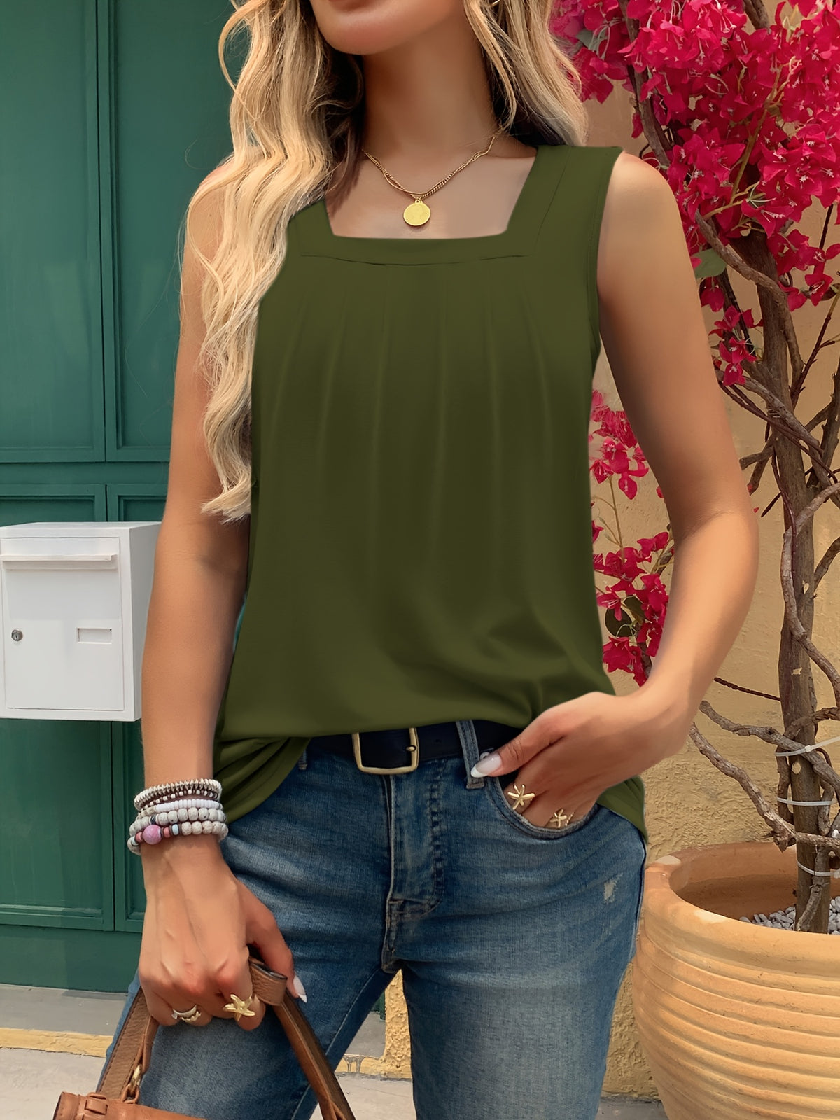 Women's Square Neck Tank Top Loose Casual Sleeveless Summer Spring Top Flowy Cute Trendy Tops for Women