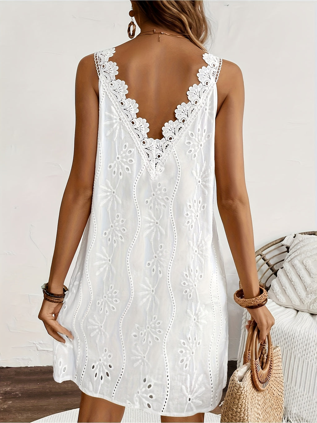 White Lace V-Neck Sleeveless Peplum Dress Women Casual Summer Beach Garden Vacation Dress Contrasting Lace Embellishment S-XXL