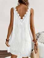 White Lace V-Neck Sleeveless Peplum Dress Women Casual Summer Beach Garden Vacation Dress Contrasting Lace Embellishment S-XXL
