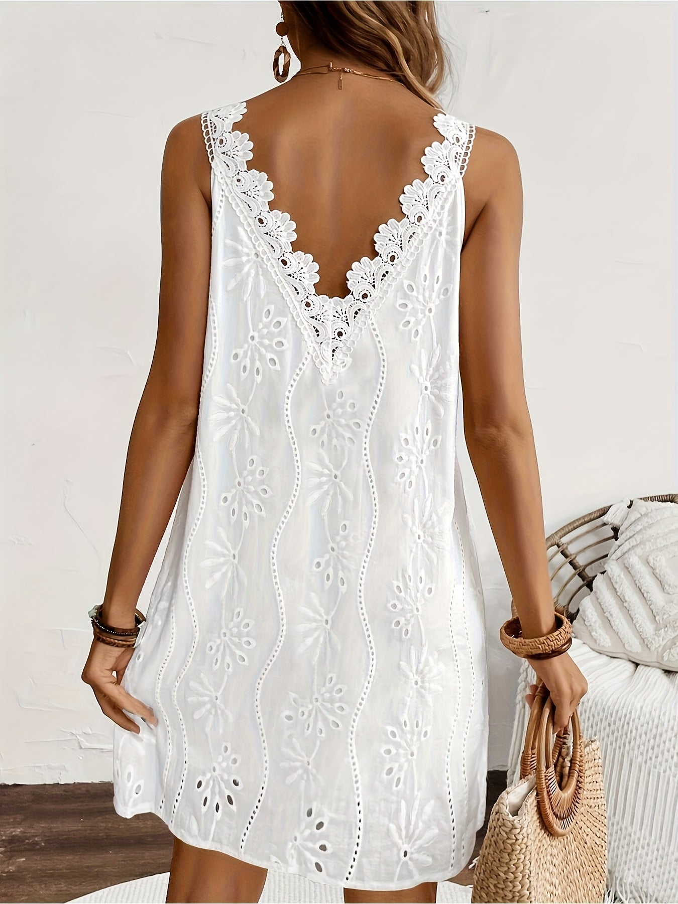 White Lace V-Neck Sleeveless Peplum Dress Women Casual Summer Beach Garden Vacation Dress Contrasting Lace Embellishment S-XXL