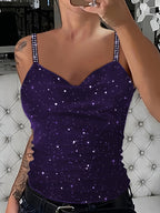 Women's Sequin Rhinestone Strap Cami Top Sexy V-Neck Sleeveless Tank Top Glam Party Night Out Going Out Tops Spring Summer Fall S M L XL XXL
