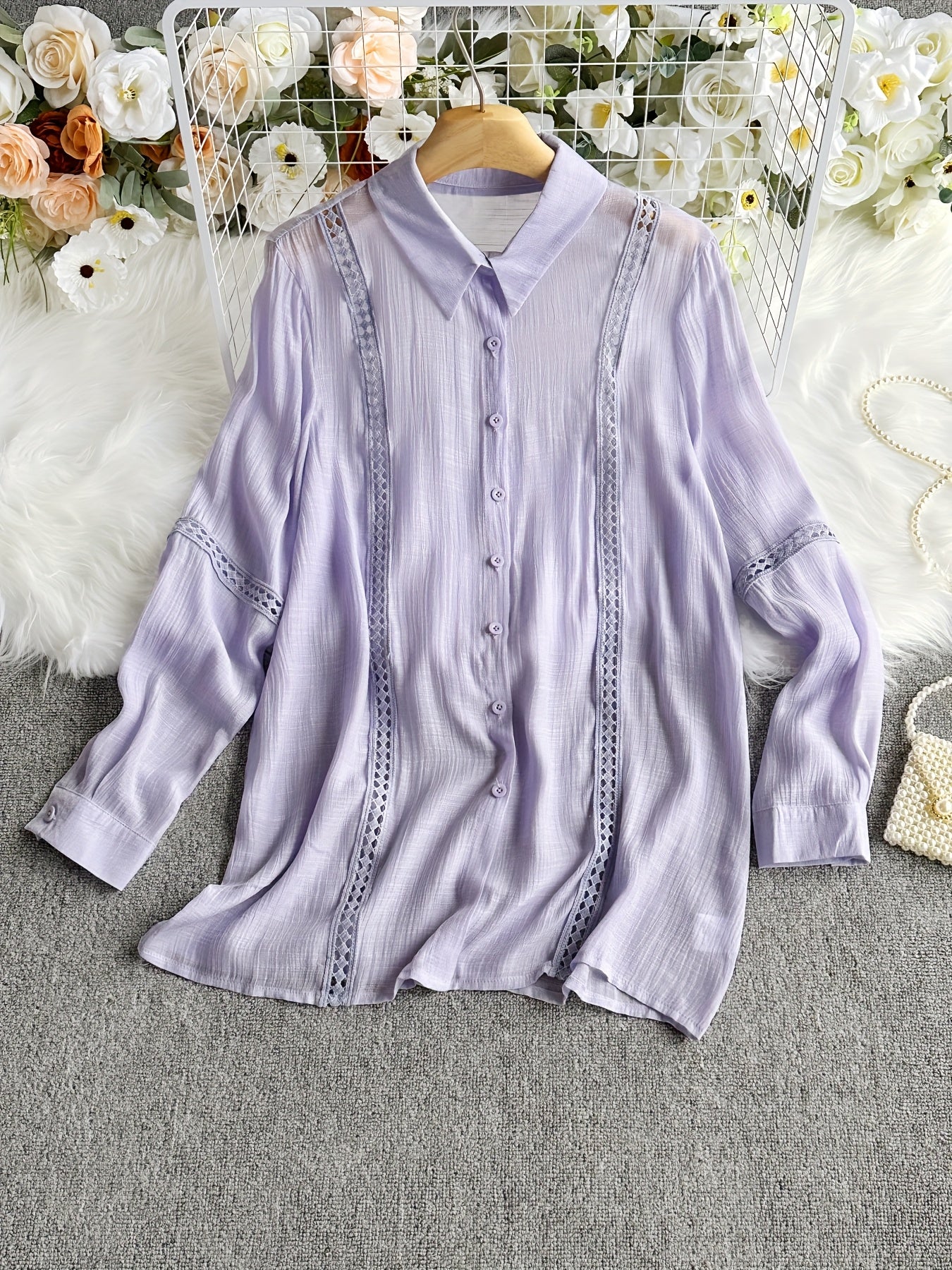 Women's Lace Patchwork Button-Up Long Sleeve Shirt Elegant Semi-Sheer Blouse White XS S M L XL XXL Vacation Date Office Fashion Top