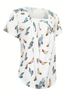 Floral Print Ruffle Hem Square Neck Short Sleeve Top Women - Flowy Pleated Blouse, Boho Summer T-Shirt, Stretch Casual Fashion Top S M L XL