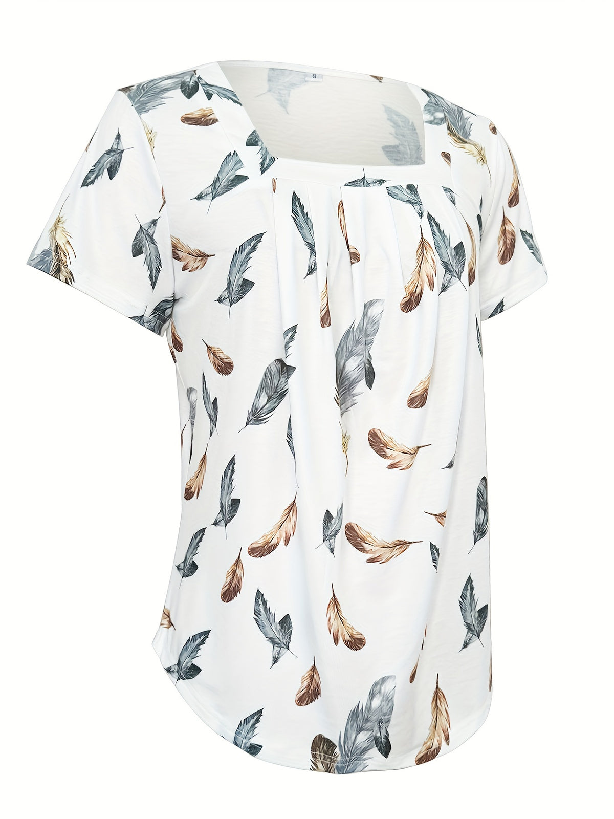 Floral Print Ruffle Hem Square Neck Short Sleeve Top Women - Flowy Pleated Blouse, Boho Summer T-Shirt, Stretch Casual Fashion Top S M L XL
