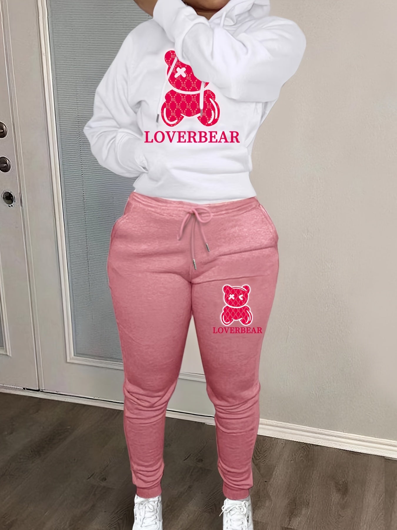 Cartoon Bear Print Two-piece Set Hoodie & Jogger Pants Women Tracksuit Drawstring Long Sleeve Sweatsuit Outfit S-XXL Multiple Colors