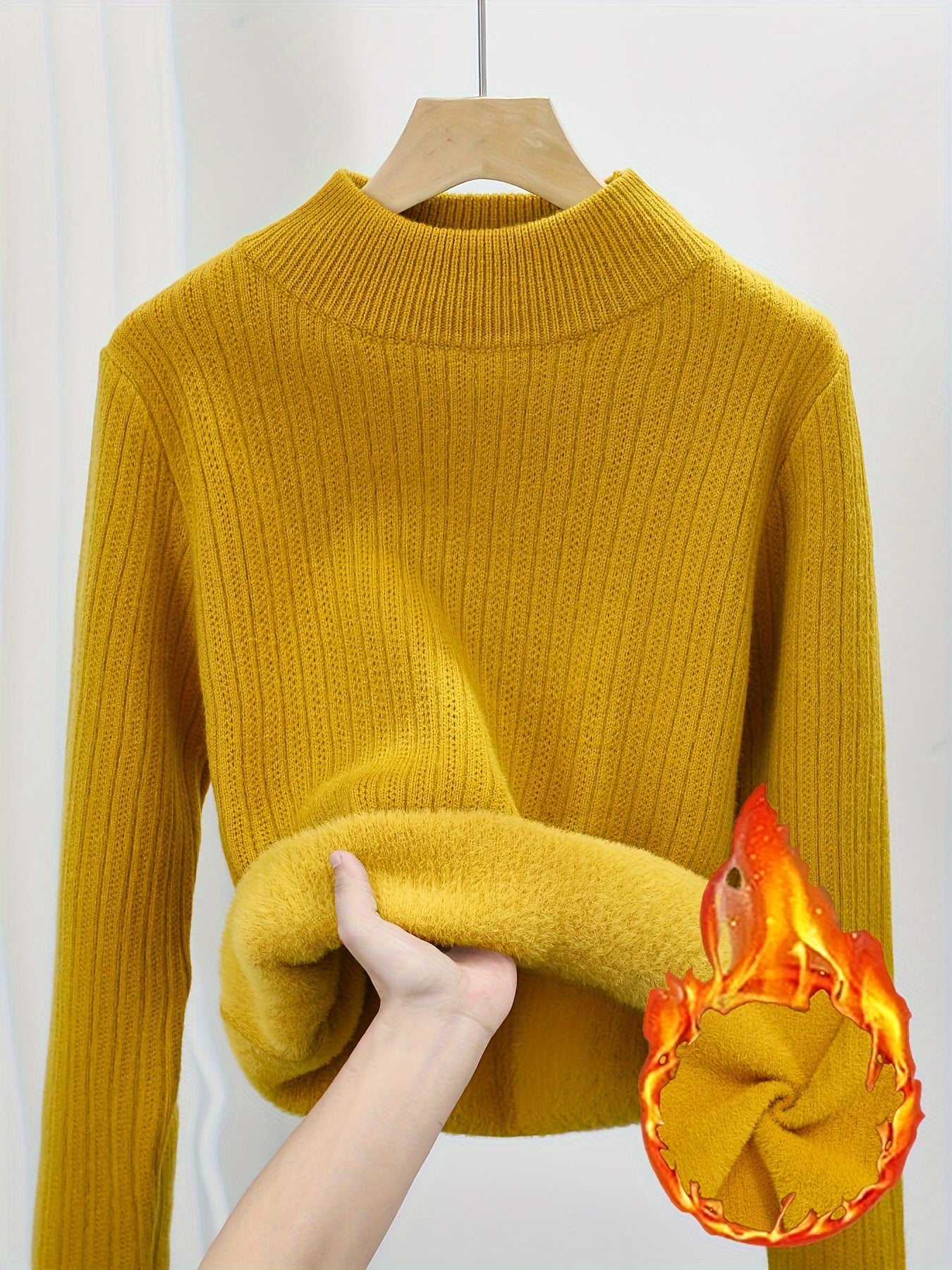 Women's Fleece Lined Turtleneck Sweater Thick Warm Pullover - Semi-High Neck Seamless Knit Sweater Fall Winter Inner Layer Top, 11 Colors S-XL