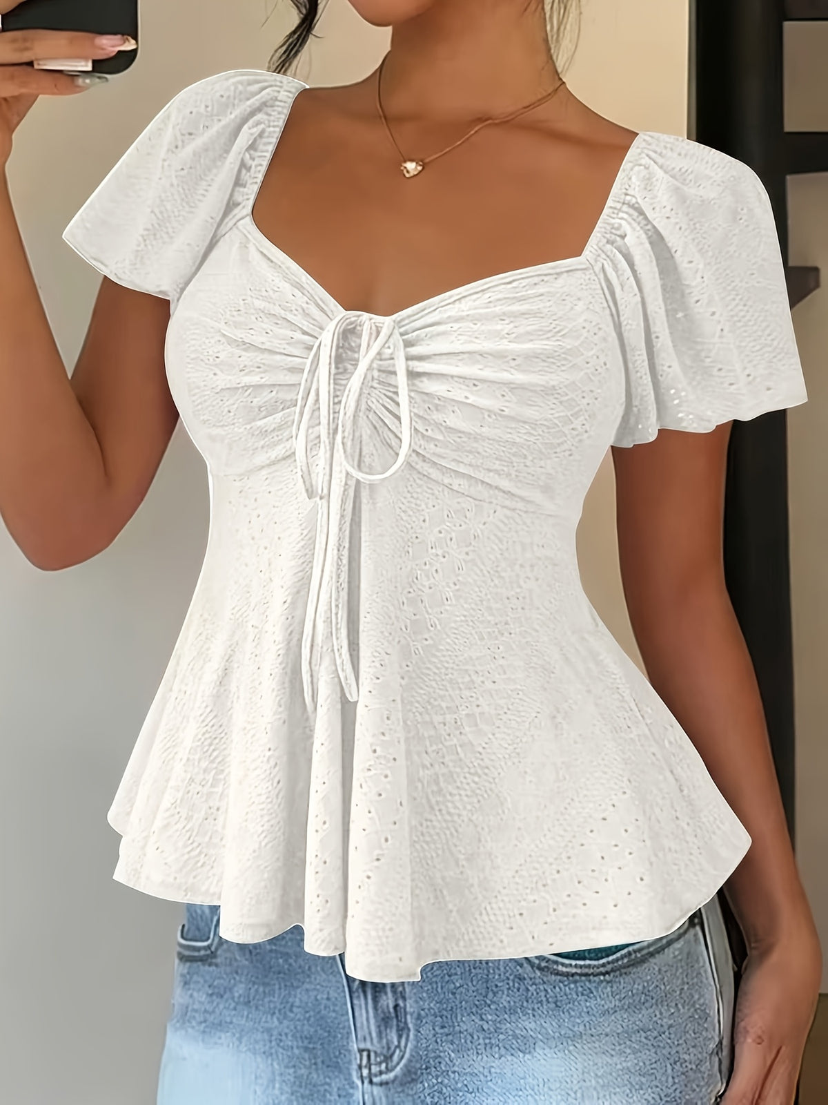 Women's Y2K Jacquard V-Neck Drawstring T-Shirt – Solid Color Short Sleeve Breathable Elegant Top for Spring & Summer