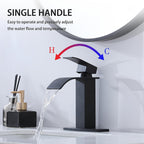 Waterfall Bathroom Sink Faucet Single Handle Hot & Cold - Universal 1 or 3 Hole Countertop Mount, RV Vanity Faucet with Water Supply Hose, Modern Design in Black, Black Gold & Silver