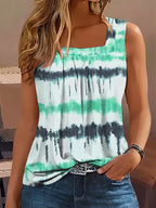 Women's Square Neck Ruffled Flowy Tank Top – Gathered Striped Print Sleeveless Blouse Casual Summer Tops Viridity Violet Vibrant Blue Apricot S-XXL