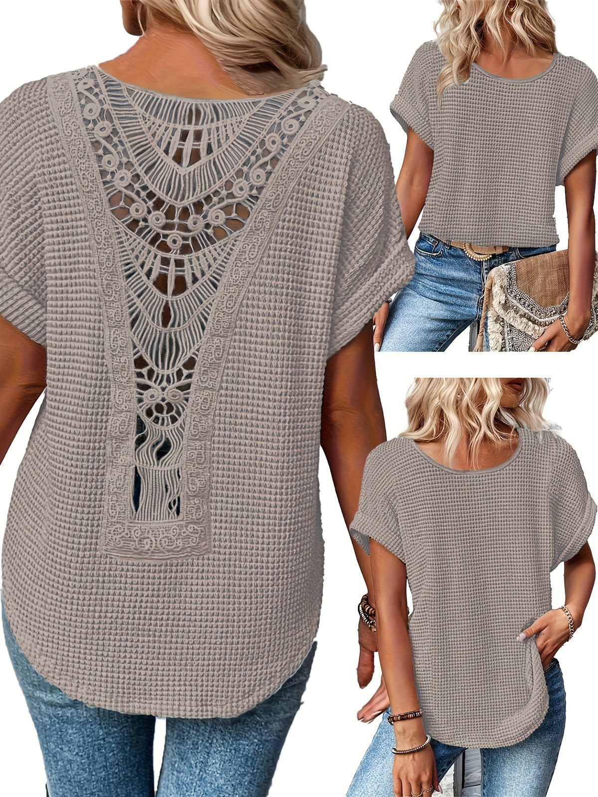 Lace Patchwork Round Neck Short Sleeve T-Shirt Women Summer Casual Flowy Top Peacock Blue Khaki Black White S M L XL XXL